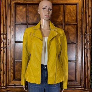 Giolshan Geshchallino Mustard Yellow Quilted Vegan Leather Zip Cuff Moto Jacket